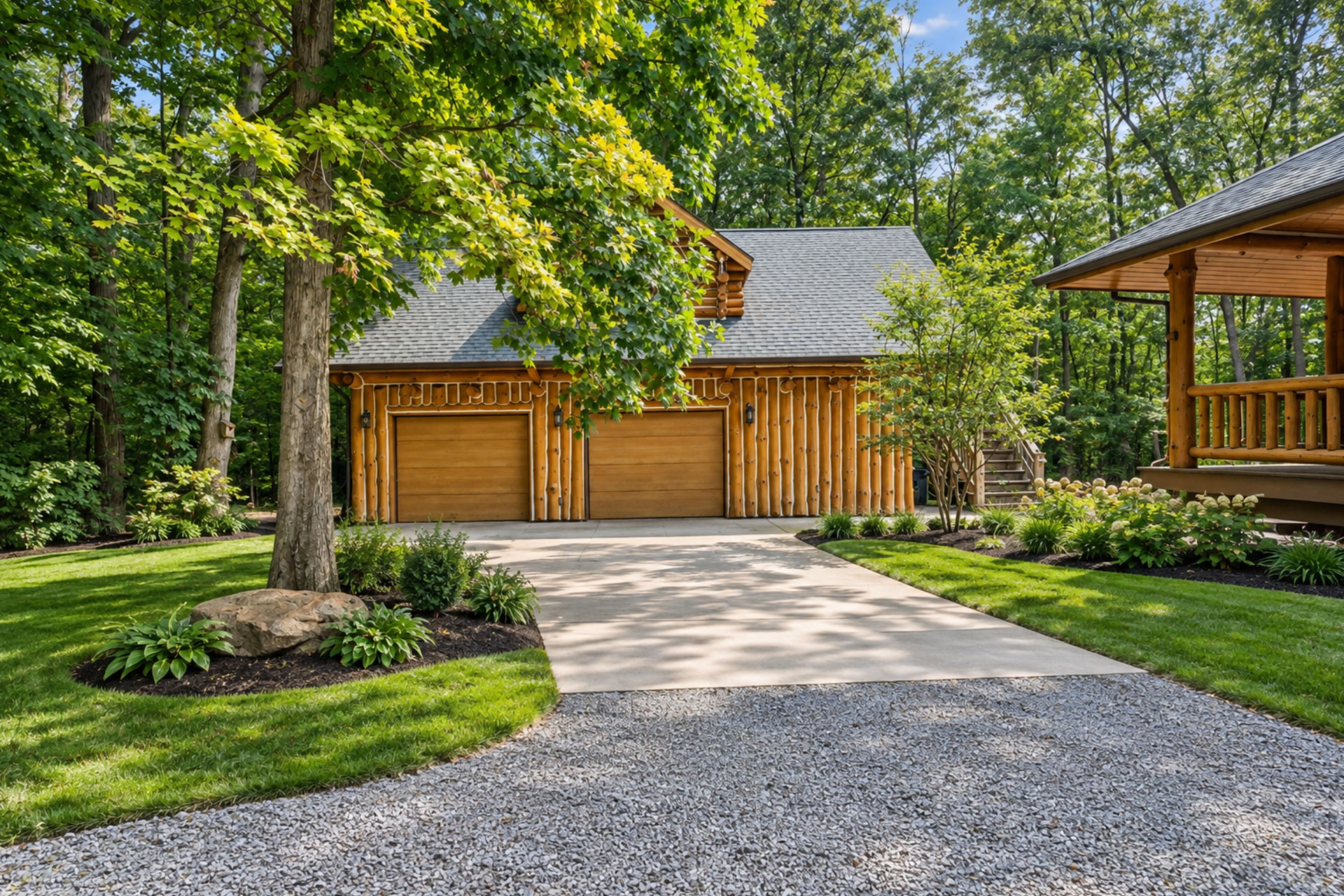 Detached log garage and outbuilding